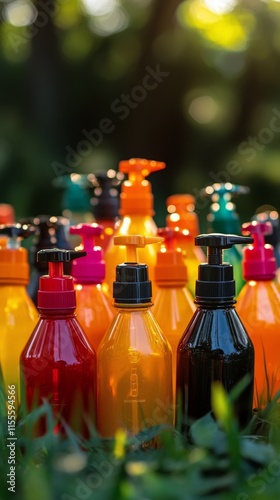 Colorful glass bottles lined up among greenery in a vibrant garden during gol...