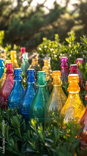 Colorful glass bottles lined up among greenery in a vibrant garden during gol...