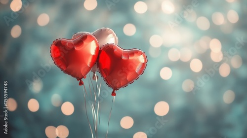 Red heart shaped balloons floating against a blurred background.