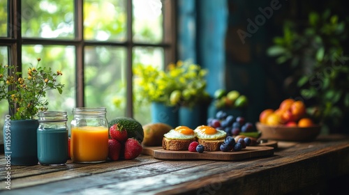 Healthy breakfast bowl with eggs, avocado, and fresh fruits on wooden table