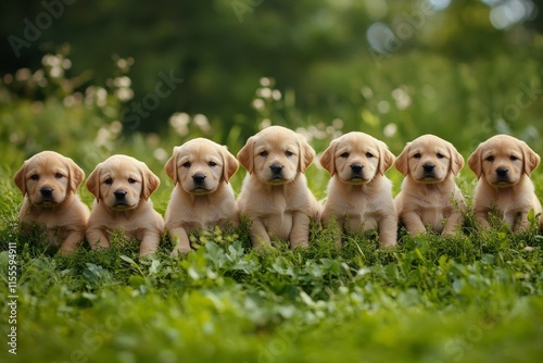 Cute puppies sitting together in lush grass during golden hour in an open field