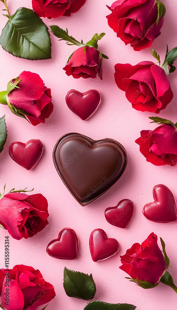 Heart shaped chocolate surrounded by red roses on a pink background for valentine s day Heart shaped chocolate surrounded by red roses on a pink background for valentine s day