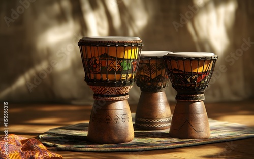 Three beautifully crafted traditional hand drums resting on a colorful mat photo