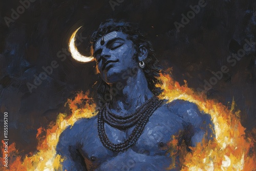 A cosmic image of Lord Shiva performing the Tandava dance, with flames surrounding him and the crescent moon glowing in his hair photo