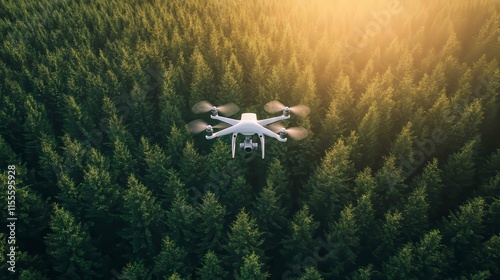 White professional drone flying over dense evergreen forest, aerial quadcopter surveying pine trees at sunset, modern drone technology in nature