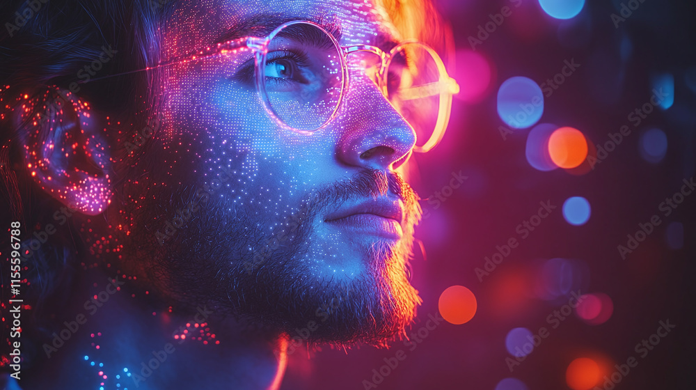 captivating portrait of man with glasses, illuminated by vibrant holographic lights and digital patterns, creating futuristic atmosphere. interplay of colors evokes sense of wonder and innovation captivating portrait of man with glasses, illuminated by vibrant holographic lights and digital patterns, creating futuristic atmosphere. interplay of colors evokes sense of wonder and innovation