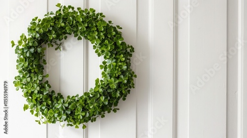  A festive wreath made of shamrocks hanging on a white door