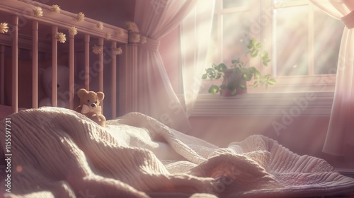 A peaceful scene of a baby crib with a soft, white blanket and a small teddy bear, with a window casting gentle light into the room 32k, full ultra hd, high resolution