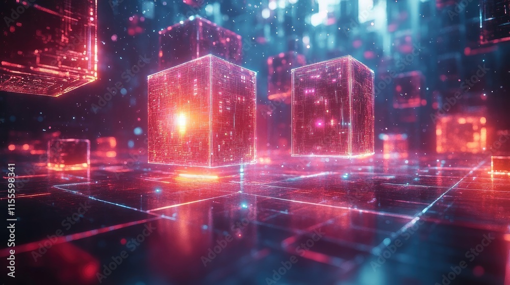 Fototapeta premium Neon Cubes in a Digital Realm: A Futuristic Abstract