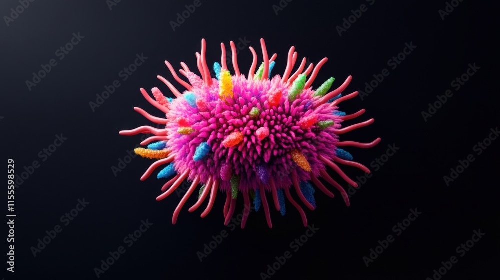 A vibrant, abstract representation of a virus, featuring colorful spikes against a dark background, emphasizing its microscopic nature. A vibrant, abstract representation of a virus, featuring colorful spikes against a dark background, emphasizing its microscopic nature.