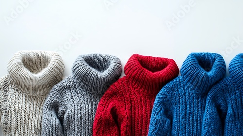 A collection of cozy, knitted turtleneck sweaters in various colors. photo