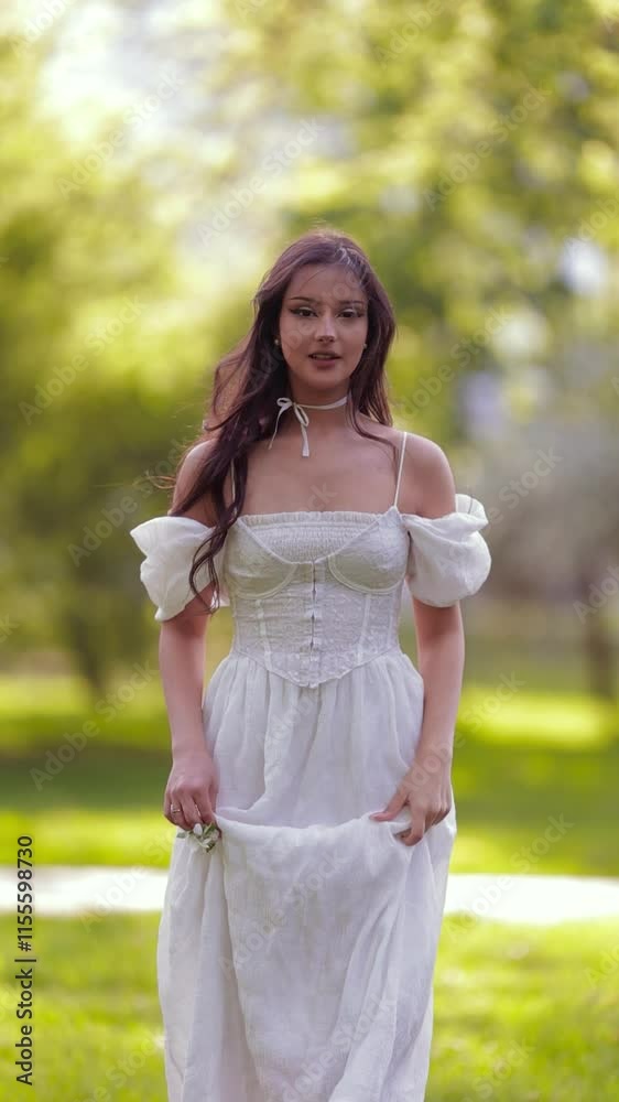 Beautiful Girl with long hair poses near white blossoming apple trees Beautiful Girl with long hair poses near white blossoming apple trees