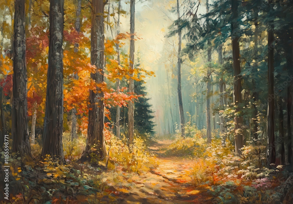 Fototapeta premium Captivating Autumn Forest Scene with Vibrant Leaves Illuminated by Soft Sunlight Casting Gentle Shadows on a Serene Pathway in Nature