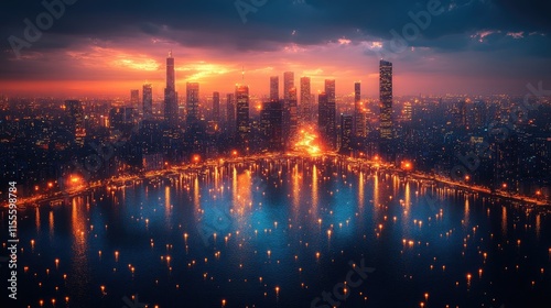 Sunset Cityscape: Aerial View of a Modern Metropolis at Dusk