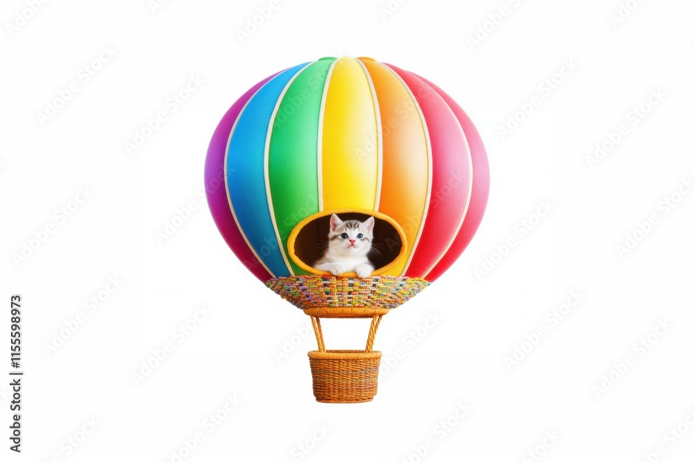 Obraz premium A colorful hot air balloon with a cat inside, symbolizing adventure and fun.
