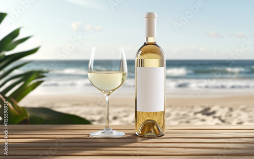 Bottle of wine with blank mock up label and glass on a sandy beach with the sunset ocean in the background photo