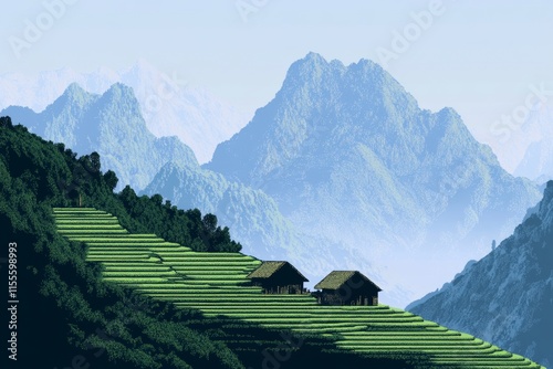 A geometric representation of a terraced rice field in Laos, featuring clean shapes and gradient greens, with small huts simplified in the design