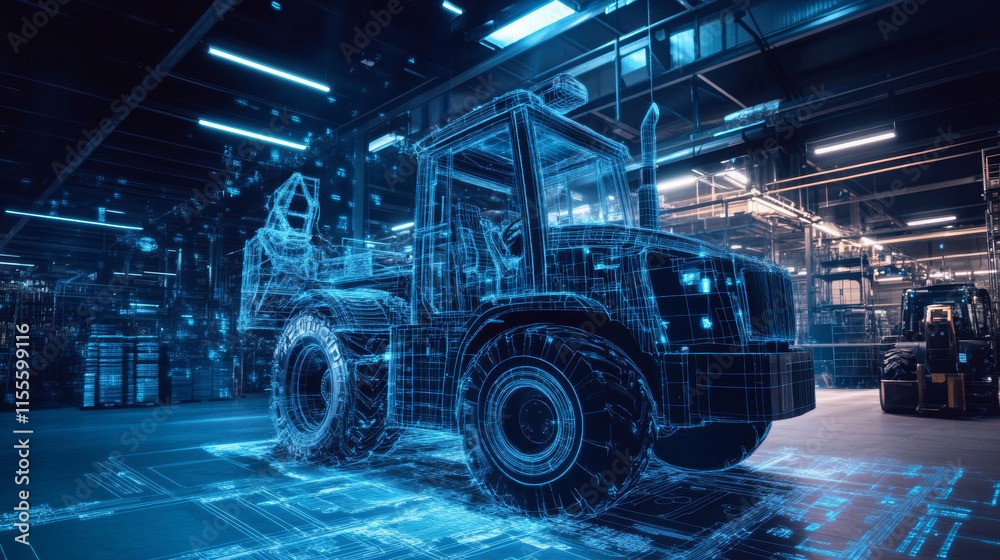 Telescopic loader hologram. Digital and technological background telescopic loader. Futuristic design telehandler Telescopic loader hologram. Digital and technological background telescopic loader. Futuristic design telehandler