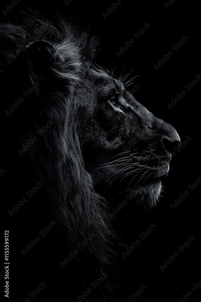 Majestic lion profile in dramatic low-key lighting Majestic lion profile in dramatic low-key lighting