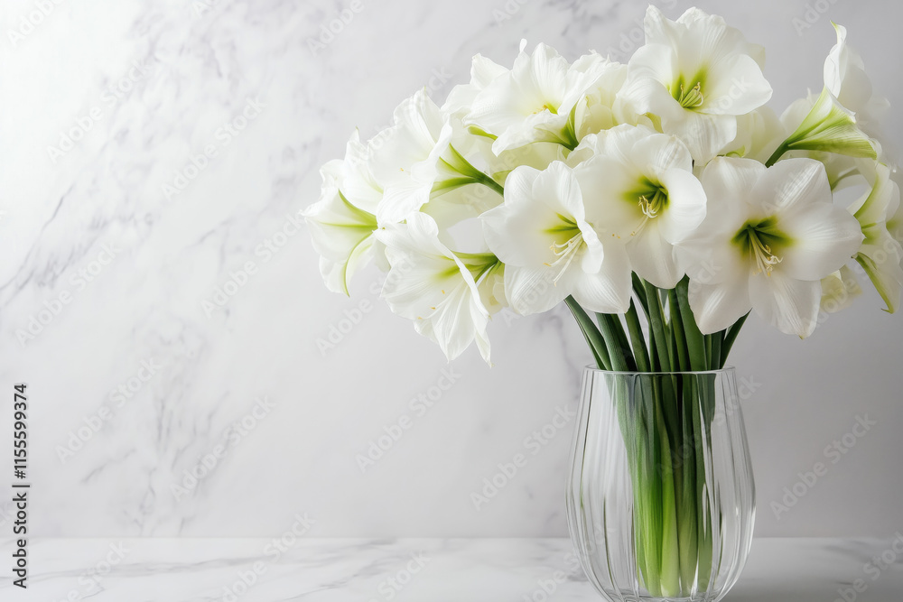 Beautiful bouquet of white amaryllis flowers in a glass vase Beautiful bouquet of white amaryllis flowers in a glass vase