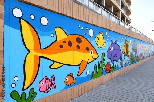 Colorful Ocean Life Graffiti on Seafront Promenade photo