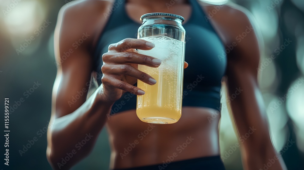 Athlete holding a health oriented sports drink, offering clean hydration and muscle recovery during a post workout routine Athlete holding a health oriented sports drink, offering clean hydration and muscle recovery during a post workout routine