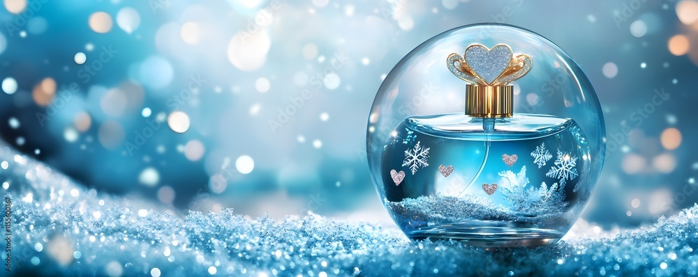 Capture the elegance of a beautifully crafted perfume bottle surrounded by dreamy snowflakes and soft bokeh, perfect for winter-themed aesthetic. Capture the elegance of a beautifully crafted perfume bottle surrounded by dreamy snowflakes and soft bokeh, perfect for winter-themed aesthetic.