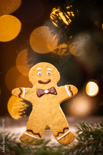 gingerbread man on a Christmas background among New Year lights