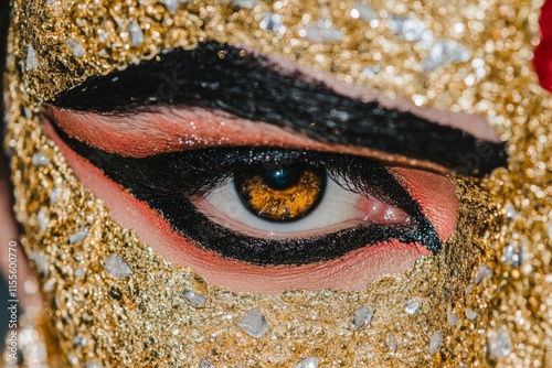 A hyper-realistic close-up of Goddess Durga face, showing intricate makeup, jewelry, and the reflection of fire in her eyes
