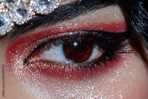 A hyper-realistic close-up of Goddess Durga face, showing intricate makeup, jewelry, and the reflection of fire in her eyes