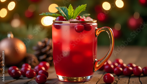 Festive cranberry drink in glass mug with holiday decor