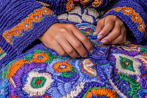 A hyper-realistic close-up of a Hmong artisan hands embroidering a traditional textile, with intricate threads and patterns vividly detailed under warm natural lighting photo