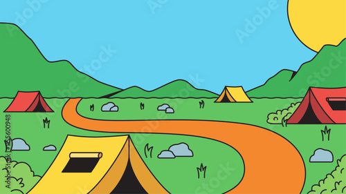 Background illustration a peaceful campsite with tents and rolling hills under a bright blue sky cartoon retro hand drawn