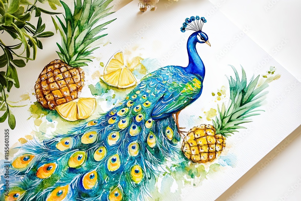 Fototapeta premium Watercolor Painting of a Peacock with Pineapples and Lemons