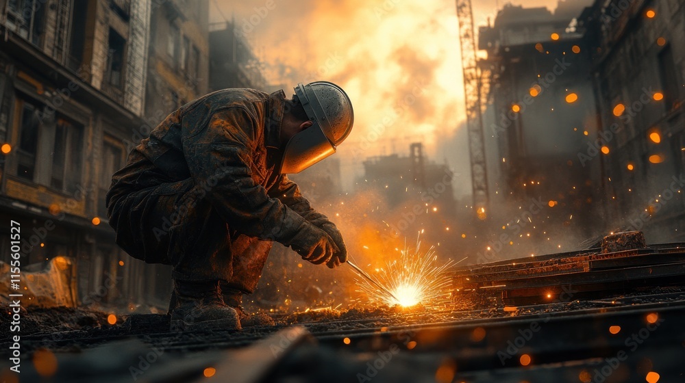 Construction worker welding metal in a demolished city. Construction worker welding metal in a demolished city.