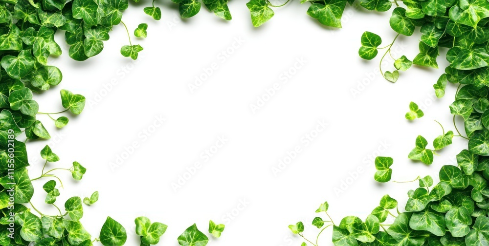 Fototapeta premium Lush green ivy leaves create a frame on white background.