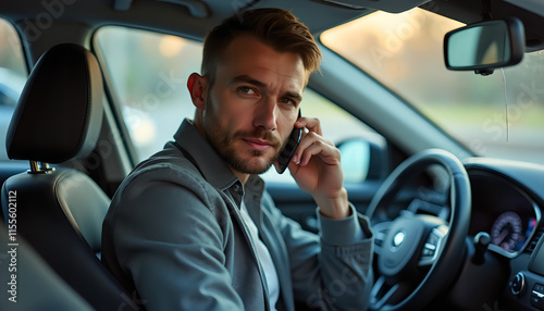 Man talking on phone with serious expression inside car