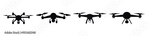 Set of Drone icon, silhouette, outline, vector, illustration, isolated on a white background