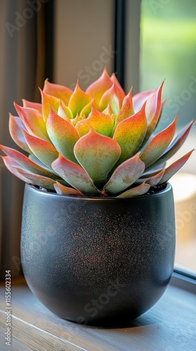 Colorful succulent plant in a black pot near a bright window in natural light