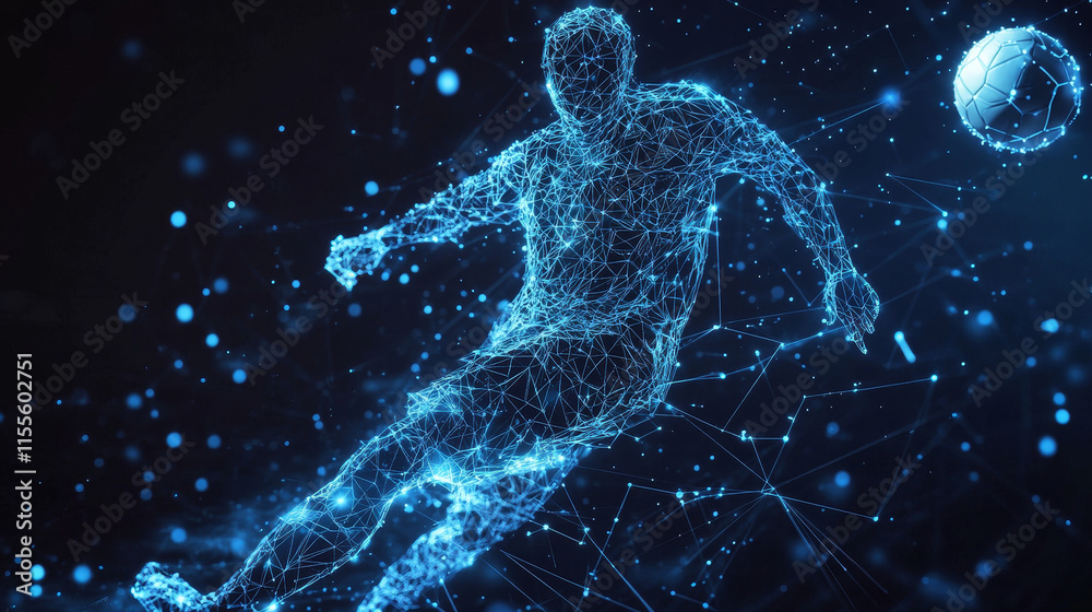 A football hologram. A goalkeeper made of polygons, triangles of dots and lines. Football is a low-poly compound structure. Technology concept vector. A football hologram. A goalkeeper made of polygons, triangles of dots and lines. Football is a low-poly compound structure. Technology concept vector.