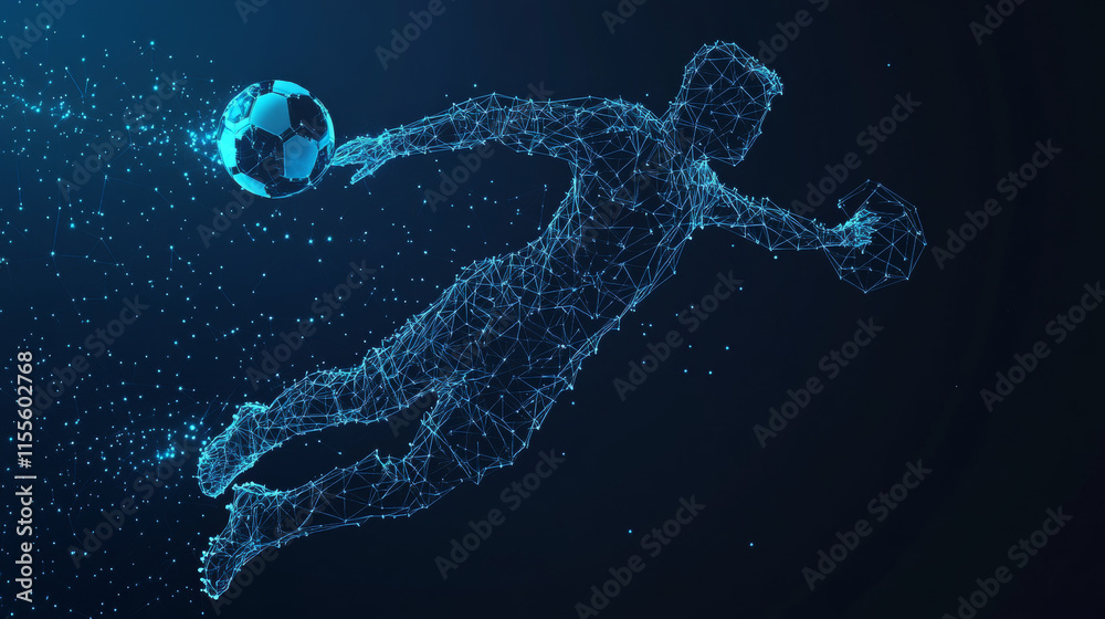 A football hologram. A goalkeeper made of polygons, triangles of dots and lines. Football is a low-poly compound structure. Technology concept vector. A football hologram. A goalkeeper made of polygons, triangles of dots and lines. Football is a low-poly compound structure. Technology concept vector.