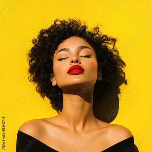 Portrait of a woman with curly hair against a vibrant yellow background.