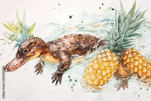 Platypus Swimming with Pineapples Watercolor Painting photo