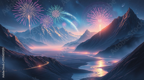 Fireworks in the night sky over the mountain and the river.