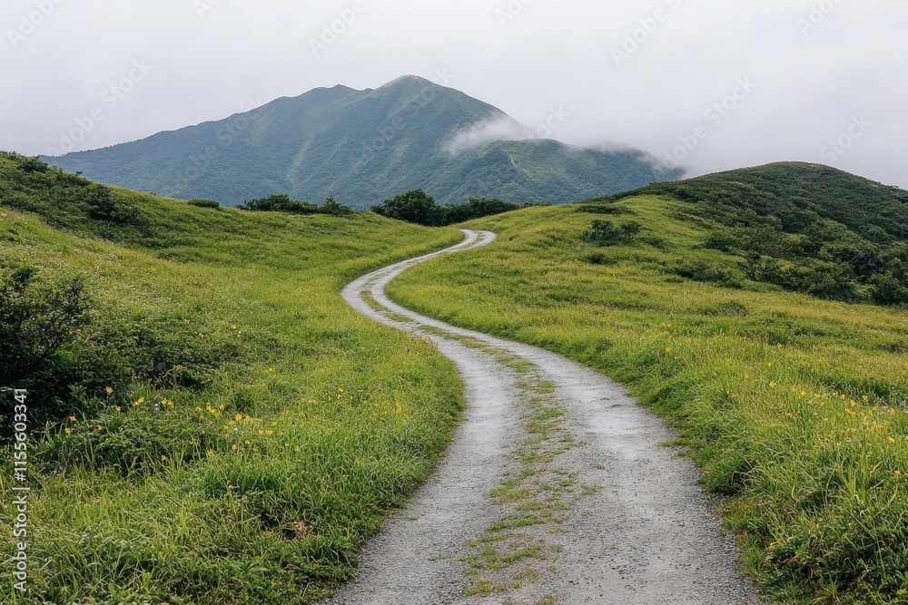 Fototapeta premium A peaceful countryside highway winding through rolling green hills and dotted with colorful wildflowers