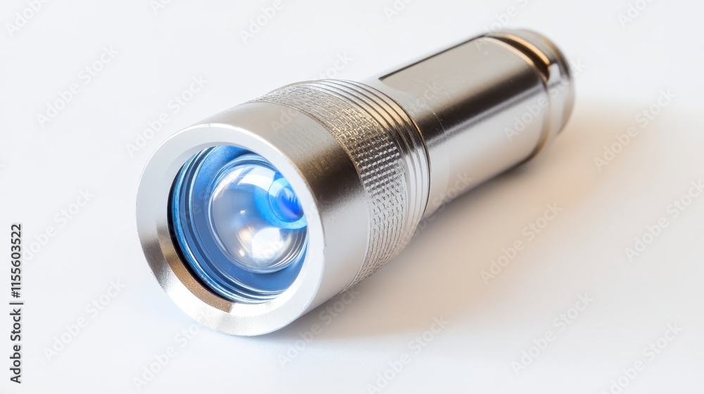 Sleek silver flashlight with blue LED light on white background. Sleek silver flashlight with blue LED light on white background.