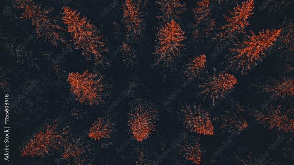Aerial view of a dense forest at sunset, showing the tops of many pine trees. Aerial view of a dense forest at sunset, showing the tops of many pine trees.