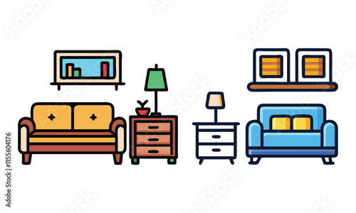 Living Room Furniture Vector Illustrations, A set of colorful vector illustrations featuring sofas, lamps, shelves, and tables. Ideal for home decor, design, and interior themes.
