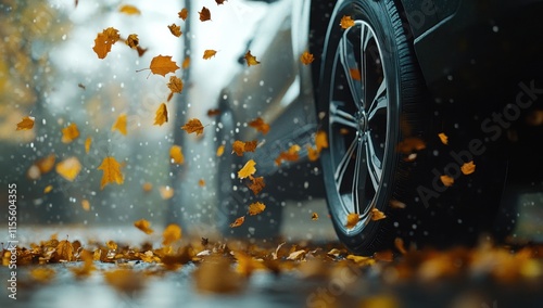 Close-Up of Car Wheel Surrounded by Falling Autumn Leaves on Rainy Day, Capturing Nature and Motion in Urban Environment