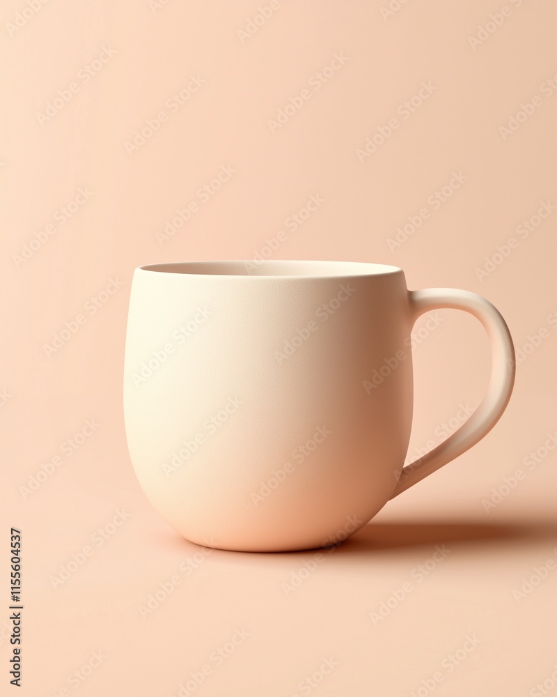 Beige ceramic mug on soft peach background Beige ceramic mug on soft peach background